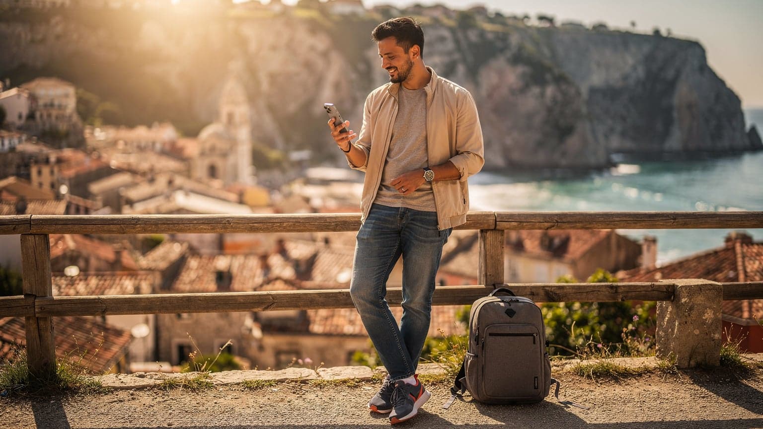 A casually dressed traveler, holding a modern smartphone (like an iPhone 15 Pro Max or Samsung S24 Ultra), stands at a scenic European viewpoint, embodying seamless and budget-friendly global connectivity for travelers.