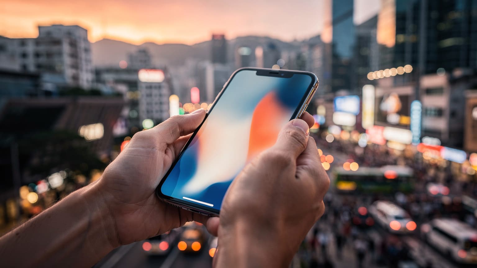 A person holding an iPhone against the backdrop of a vibrant, naturally lit Hong Kong cityscape, suggesting modern travel and digital connectivity.