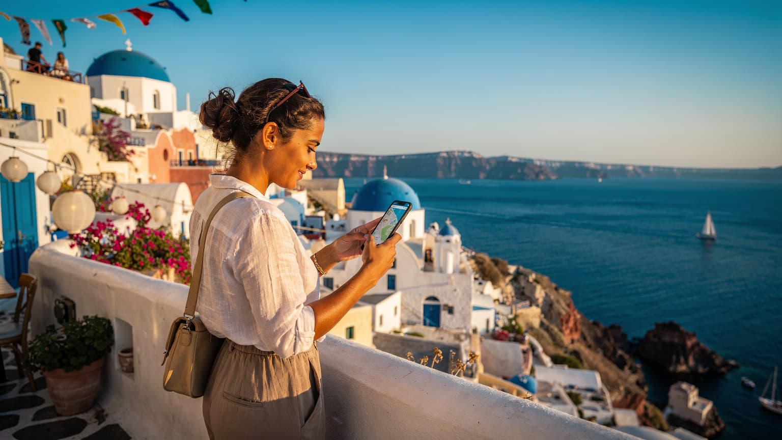 A person using a smartphone on a sunny Greek island, featuring iconic white-washed buildings and the Aegean Sea, symbolizing reliable internet connectivity during summer travel.