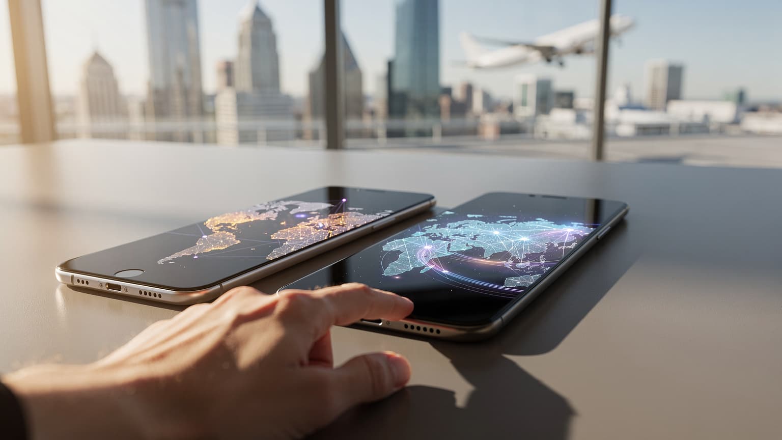 A photorealistic, cinematic hero shot for a travel/tech magazine, showing a hand reaching for one of two modern smartphones on a table in an airport lounge, with a blurred international city skyline in the background, symbolizing the choice between global eSIM providers.