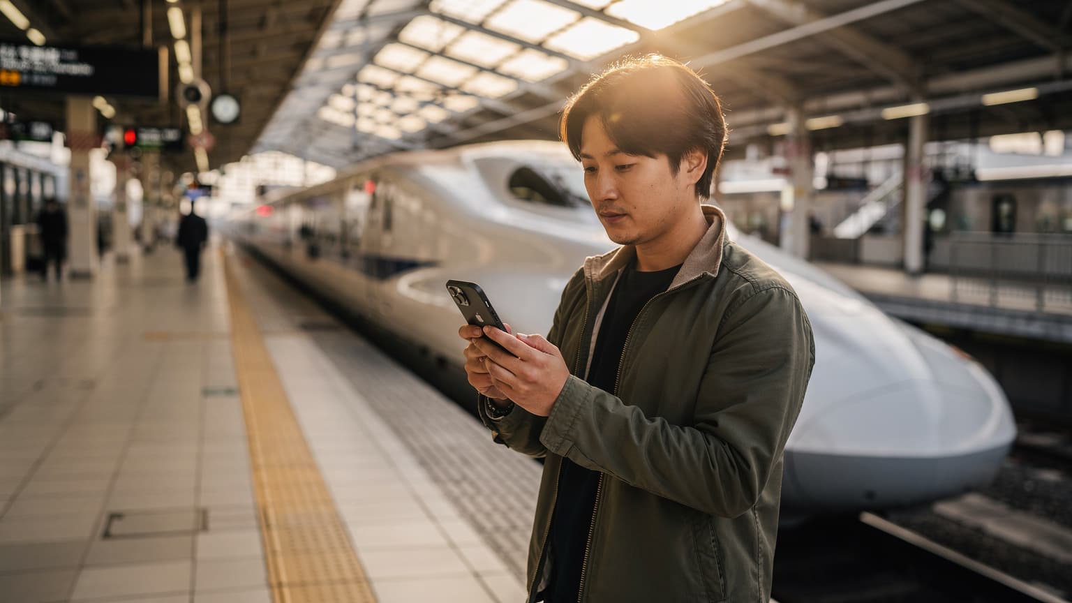 東京駅の新幹線ホームで、旅行者がiPhone 18を使ってCellesim eSIMの設定を確認している様子。背景には出発を待つ新幹線が停車しており、早朝の柔らかな光が窓から差し込んでいる。