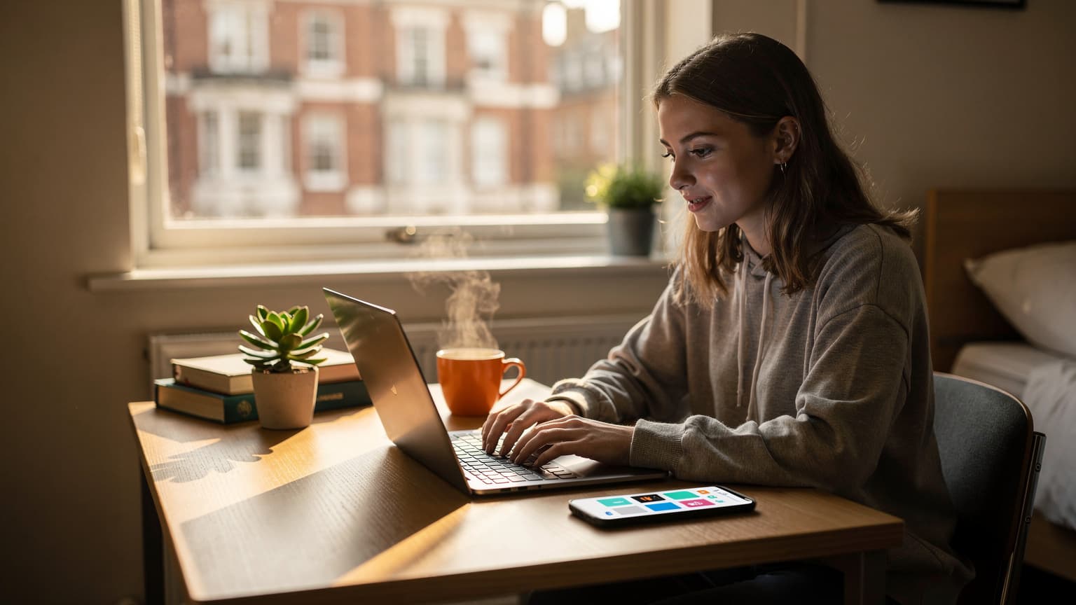 A young female student in a cozy London university dorm room, looking at her laptop with a phone next to her, a cup of tea, and books on a desk, bathed in soft afternoon light.