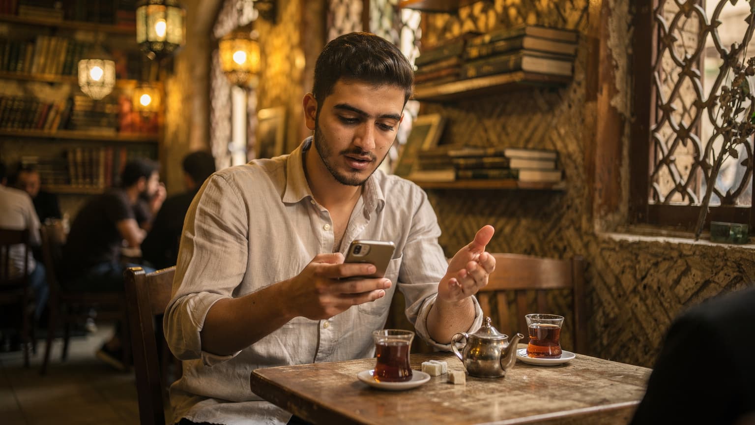 شاب عربي يجلس في مقهى مزدحم ببغداد، ينظر إلى هاتفه بتركيز بينما يتصفح الإنترنت باستخدام شريحة eSIM، مع خلفية تظهر الحياة اليومية الصاخبة في المدينة.