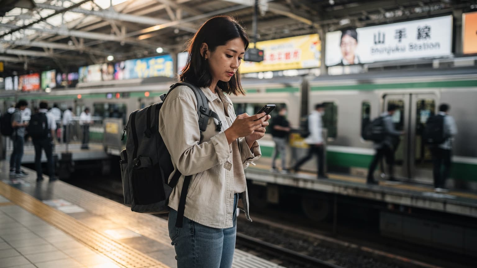 一名女性旅客在日本東京新宿站的月台上查看手機,背景是繁忙的電車和車站廣告牌。