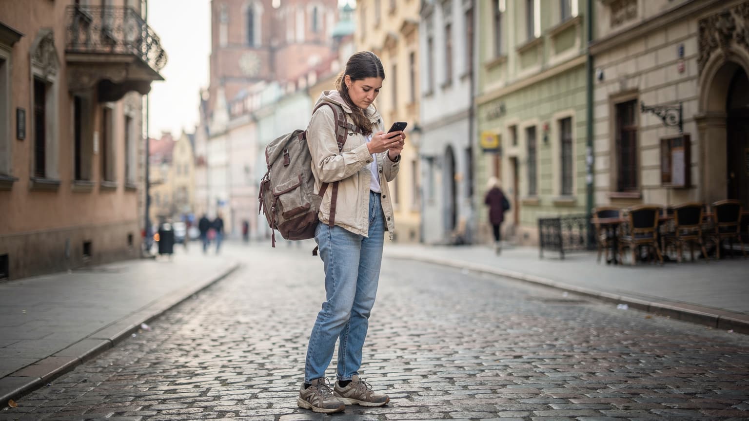 En ung kvinne med ryggsekk og smarttelefon navigerer travle gater i gamlebyen i Kraków, Polen, med historiske bygninger i bakgrunnen.