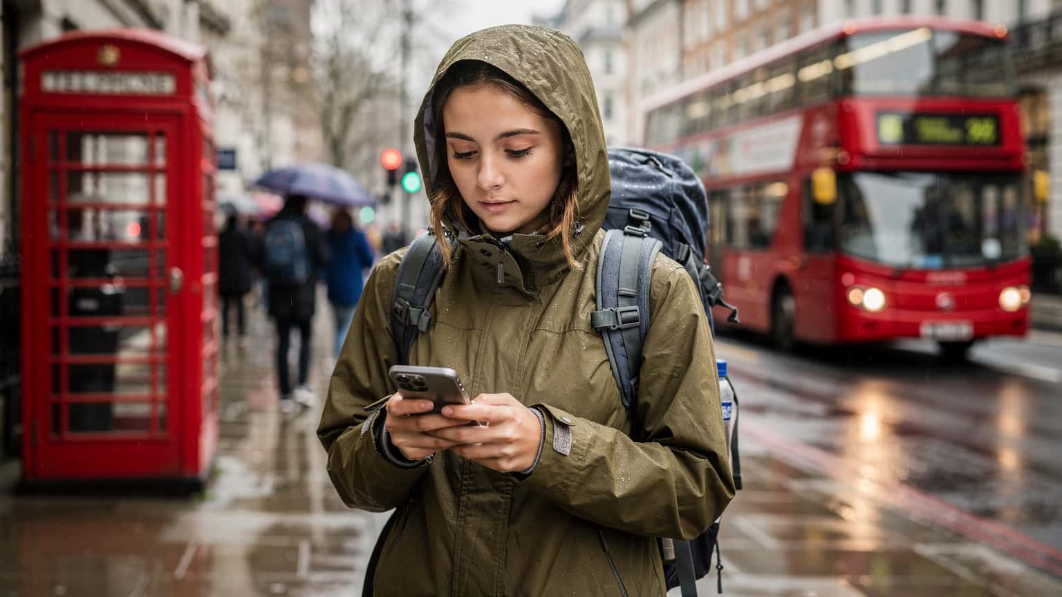 O tânără călătoare, cu un rucsac mic, privește harta pe telefonul ei în fața unei cabine telefonice roșii iconice din Londra, cu un autobuz etajat trecând în fundal, într-o zi senină.