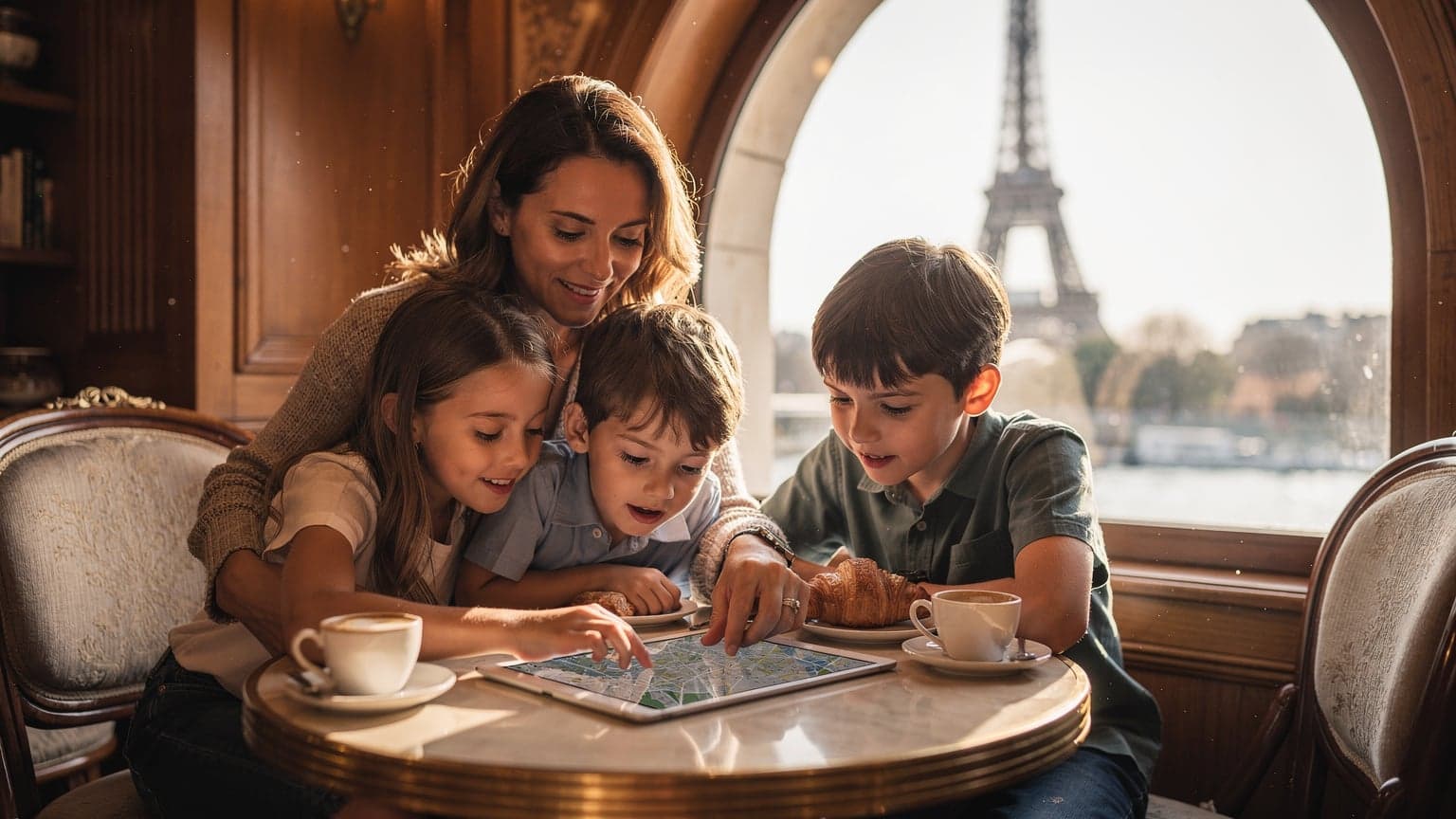 A mother and two children, aged 8 and 10, sitting at a cafe table in Paris, looking at a map on a tablet, with the Eiffel Tower visible in the background through a large window.