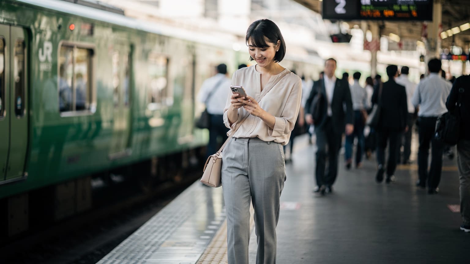 東京の新宿駅、JR山手線のホームで、一人の女性がiPhoneを操作しながら電車の到着を待っている様子。