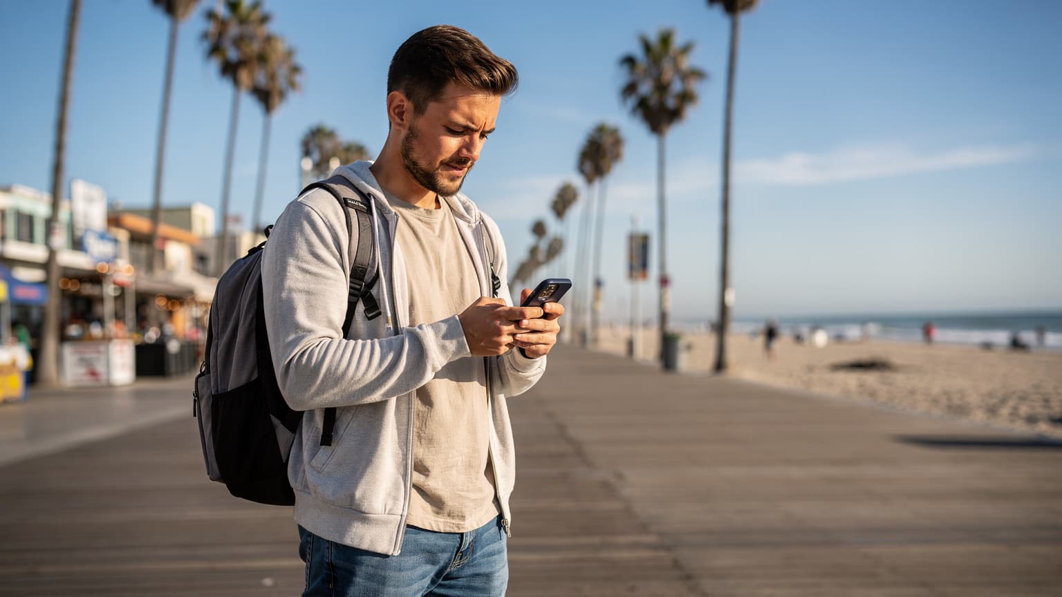 Muž s batohem a telefonem v ruce kontroluje mapu u ikonické pláže Venice Beach v Los Angeles, s palmami a oceánem v pozadí.
