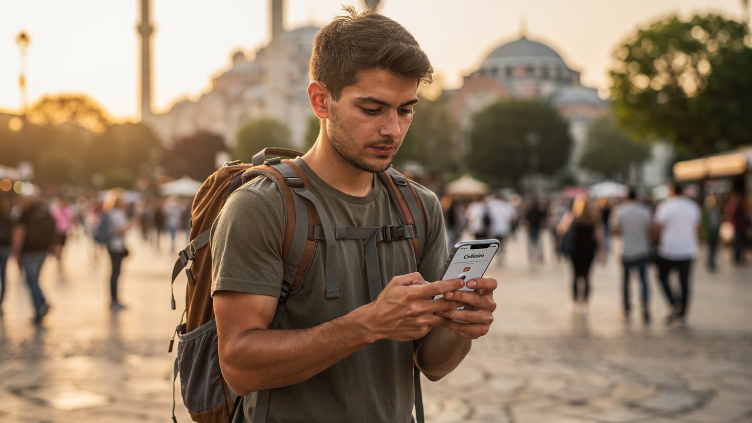 İstanbul'un tarihi Sultanahmet Meydanı'nda, elinde akıllı telefonuyla Cellesim uygulamasına göz atan genç bir sırt çantalı gezgin.