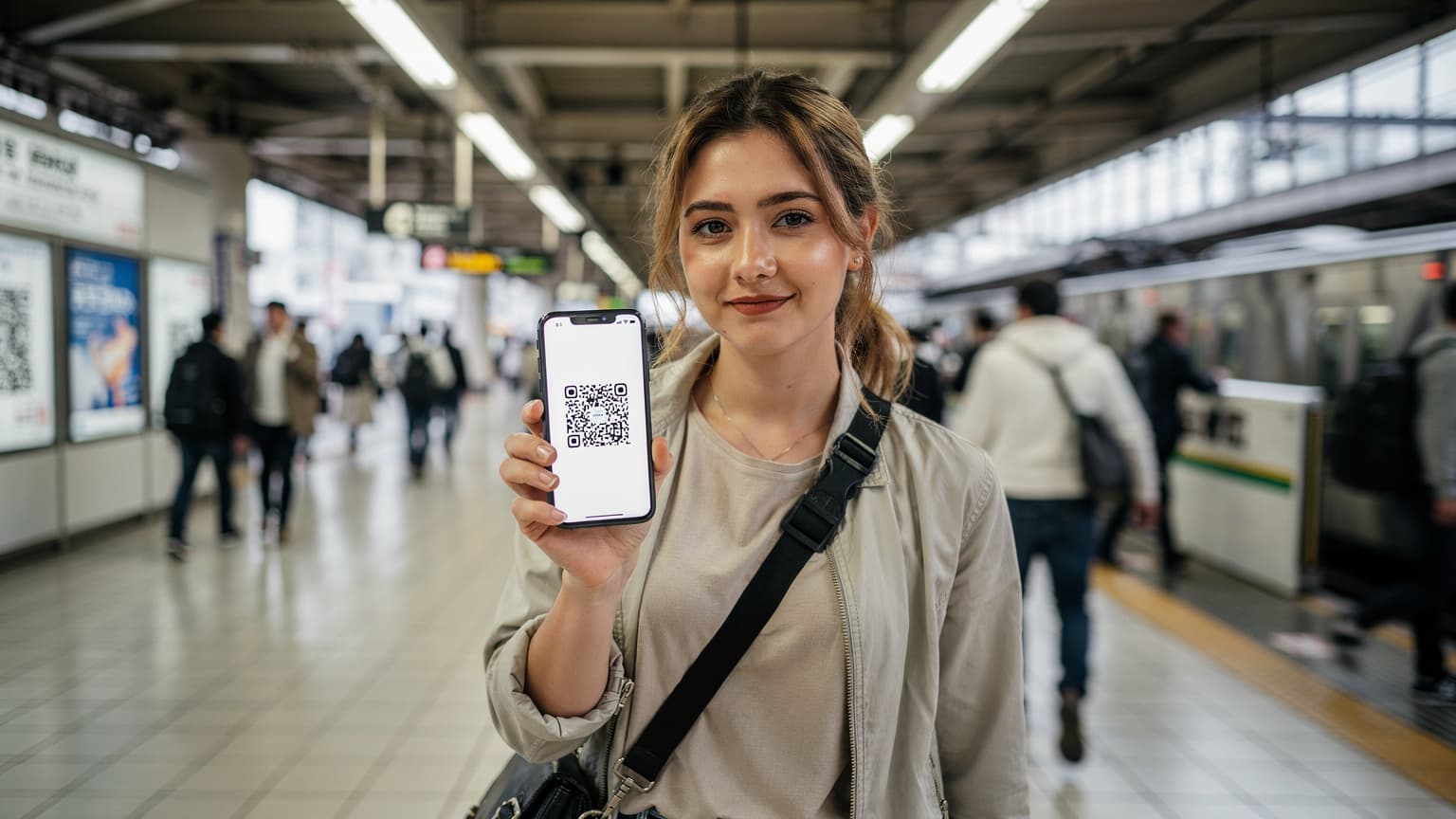 A woman stands in a bustling Tokyo train station, holding her smartphone with a QR code displayed on the screen, ready to activate her eSIM for international travel.