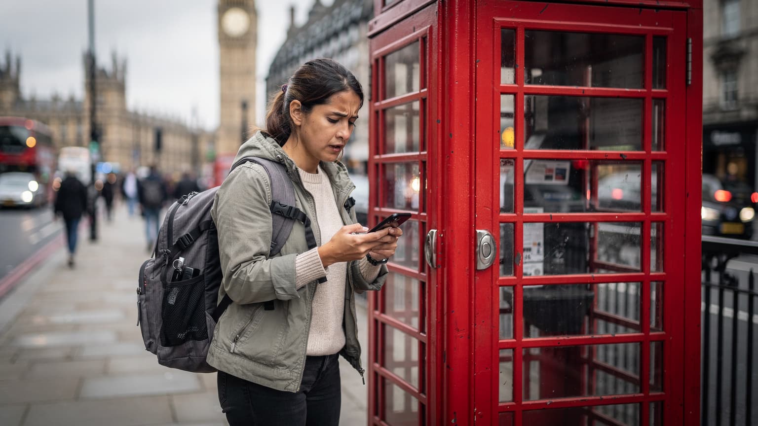 Una persona con uno zaino controlla il proprio telefono all'esterno di una tipica cabina telefonica rossa di Londra, con il Big Ben sfocato sullo sfondo durante una mattina nuvolosa.