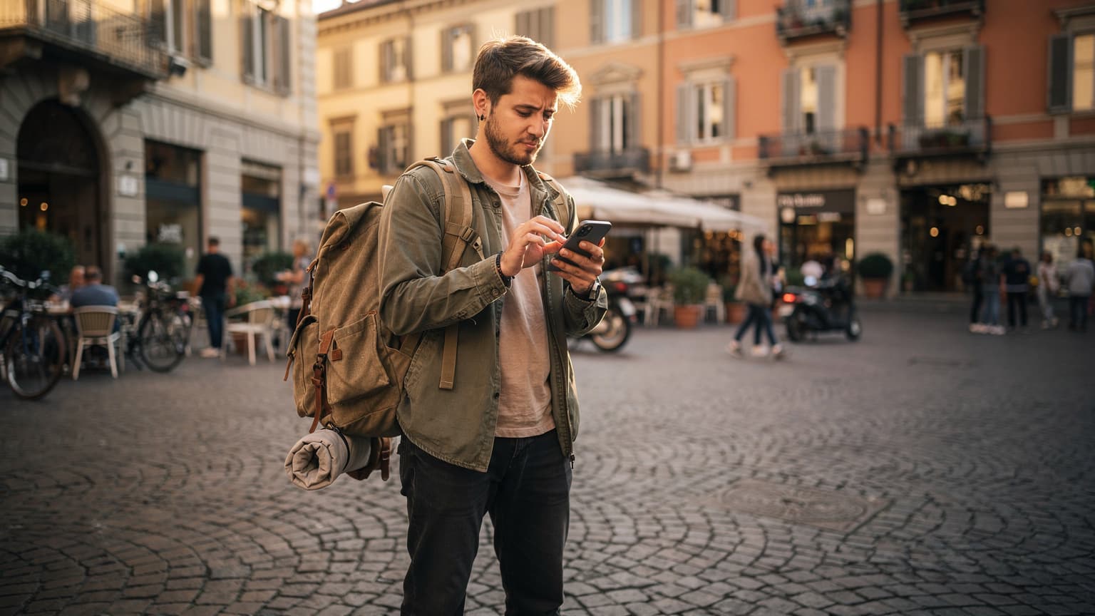 Un viaggiatore con uno zaino sta consultando il suo smartphone per una mappa in una vivace piazza di mercato a Milano, con un'architettura storica e persone indaffarate sullo sfondo.