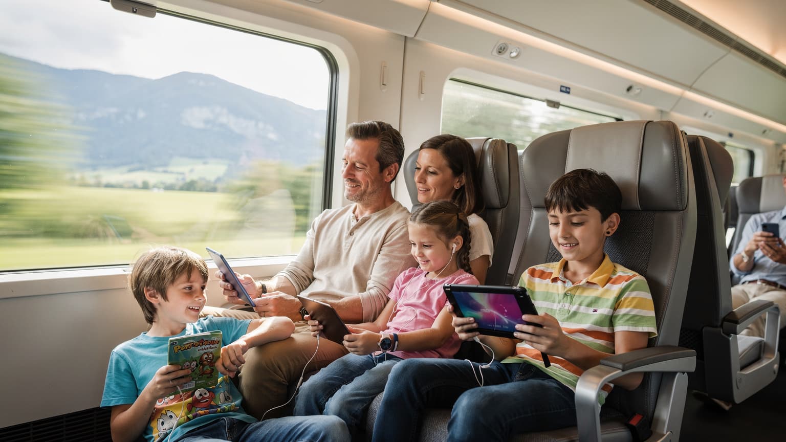 Uma família sorridente, composta por dois adultos e duas crianças, sentados em um trem de alta velocidade na Europa, cada um com seus próprios dispositivos digitais, tablets e smartphones, aproveitando a conectividade do eSIM para entretenimento durante a viagem, enquanto observam a paisagem através da janela.