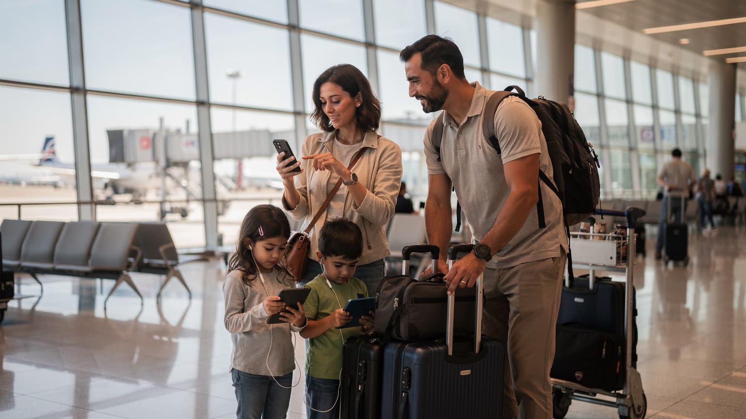 İstanbul Havalimanı dış hatlar terminalinde, ebeveynler ve iki küçük çocuk valizlerinin yanında duruyor, anne telefonunda bir QR kodu tarayarak eSIM aktivasyonu yapıyor.