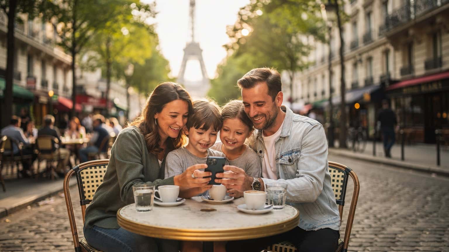 Une famille avec deux enfants, un garçon et une fille, souriant en regardant un téléphone portable, assis à une table de café en plein air à Paris avec la Tour Eiffel en arrière-plan.