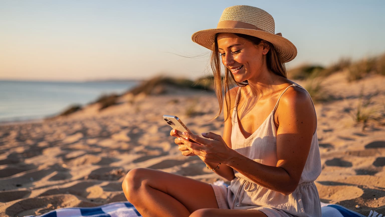 Uma mulher sorridente com chapéu de sol, usando um iPhone 18 na praia da Comporta, com o mar azul e dunas ao fundo, sob a luz dourada do fim de tarde.