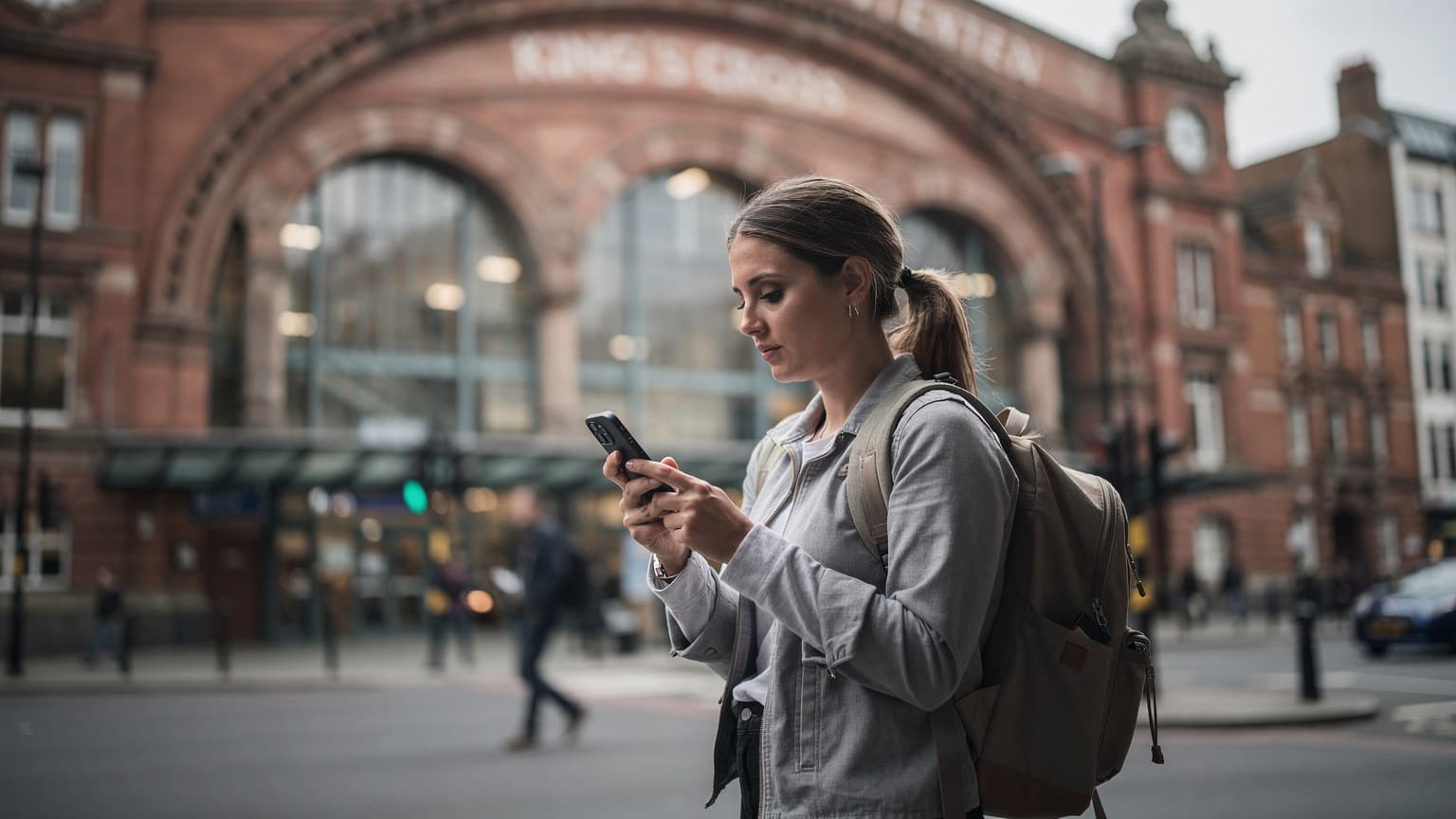 Una viajera activa con una mochila y un smartphone, consultando un mapa digital frente a la estación de King's Cross en Londres, bajo una luz suave de mañana.