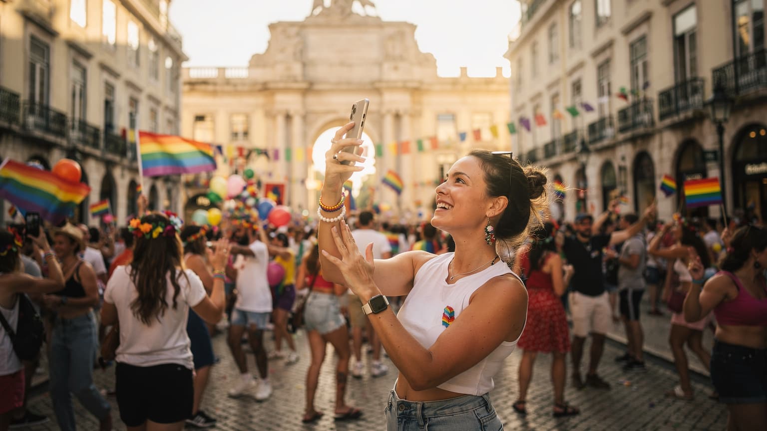 Uma pessoa sorrindo e tirando uma foto com o celular na Rua Augusta, em Lisboa, durante o Arraial Pride, com a agitação da celebração ao fundo.