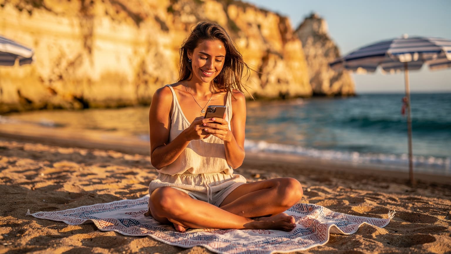 Uma pessoa verifica seu telefone em uma praia ensolarada no Algarve, com as falésias douradas de Benagil ao fundo, aproveitando a conectividade.