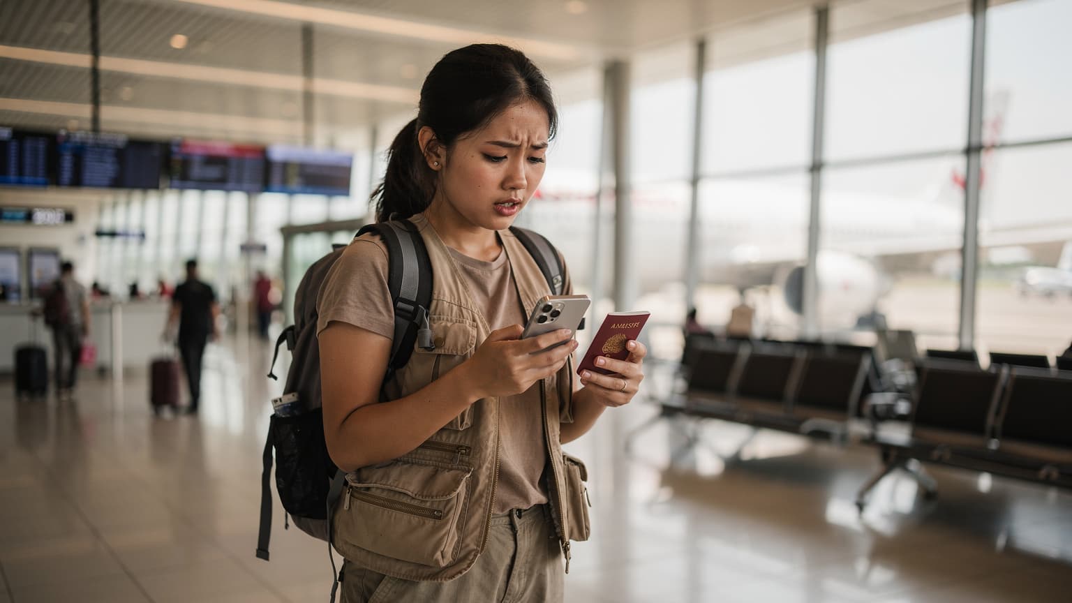 Seorang backpacker muda perempuan sedang memegang Samsung Galaxy S24 dan paspornya di terminal keberangkatan Bandara Internasional Soekarno-Hatta, Jakarta, dengan latar belakang gerbang keberangkatan yang ramai dan pesawat di luar jendela.