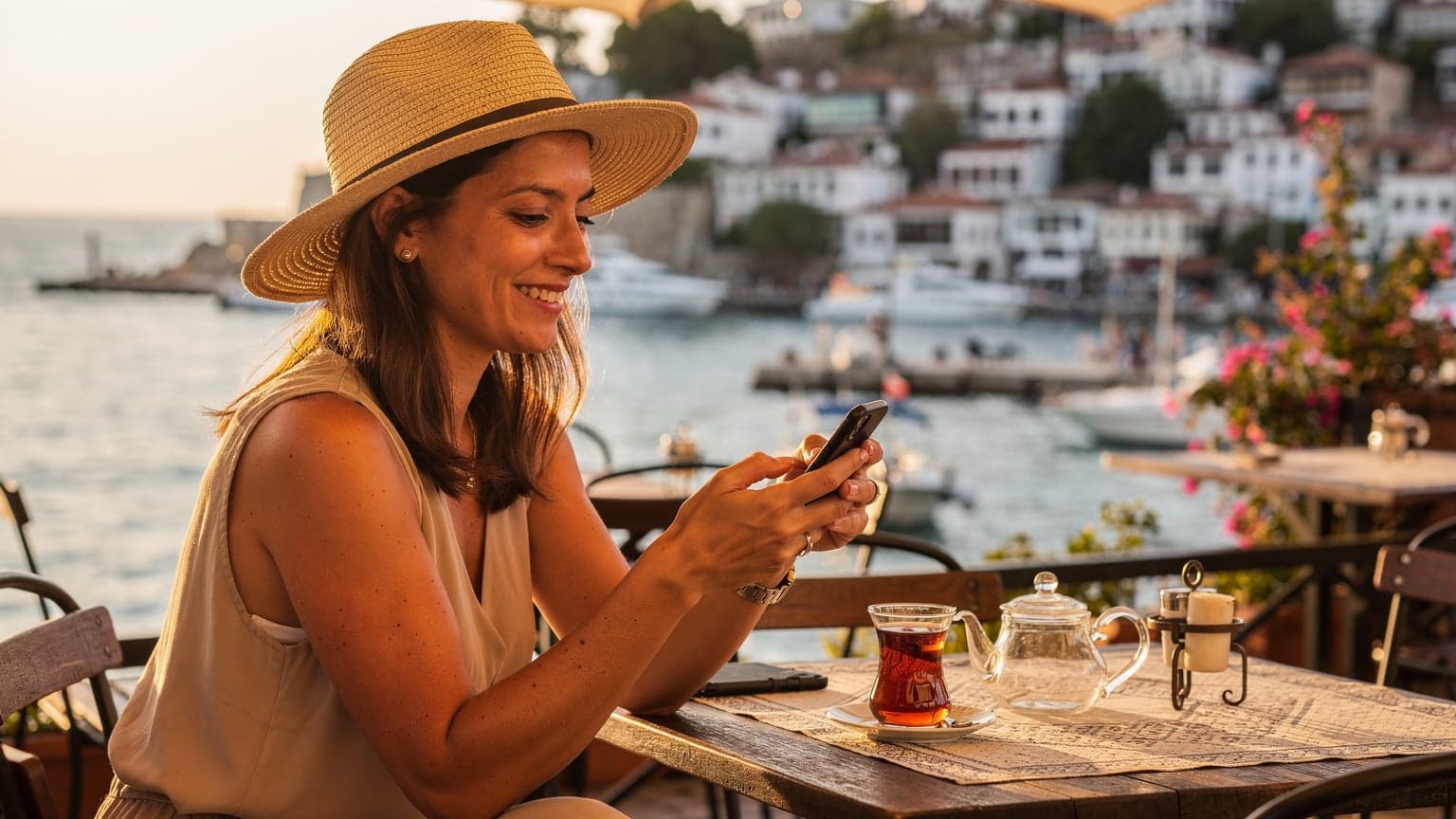 O femeie zâmbitoare, cu pălărie de soare, stă pe o terasă cu vedere la Marea Mediterană, verificându-și telefonul mobil, în timp ce savurează o ceașcă de ceai turcesc, pe fundal se văd clădiri albe și ape turcoaz.