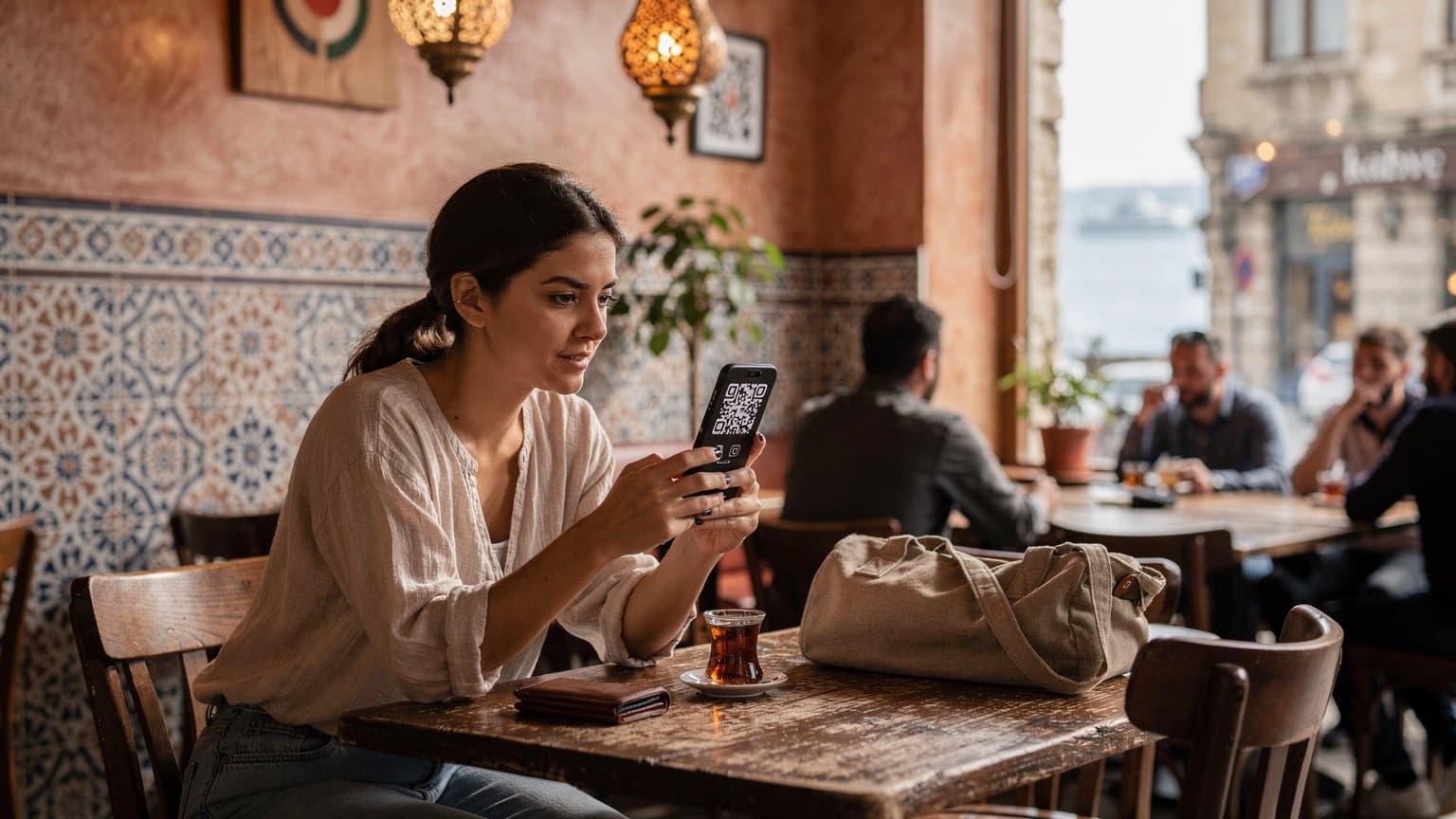 İstanbul'da bir kafede oturan, elinde akıllı telefonuyla eSIM.io kurulum ekranına bakan genç bir kadın.