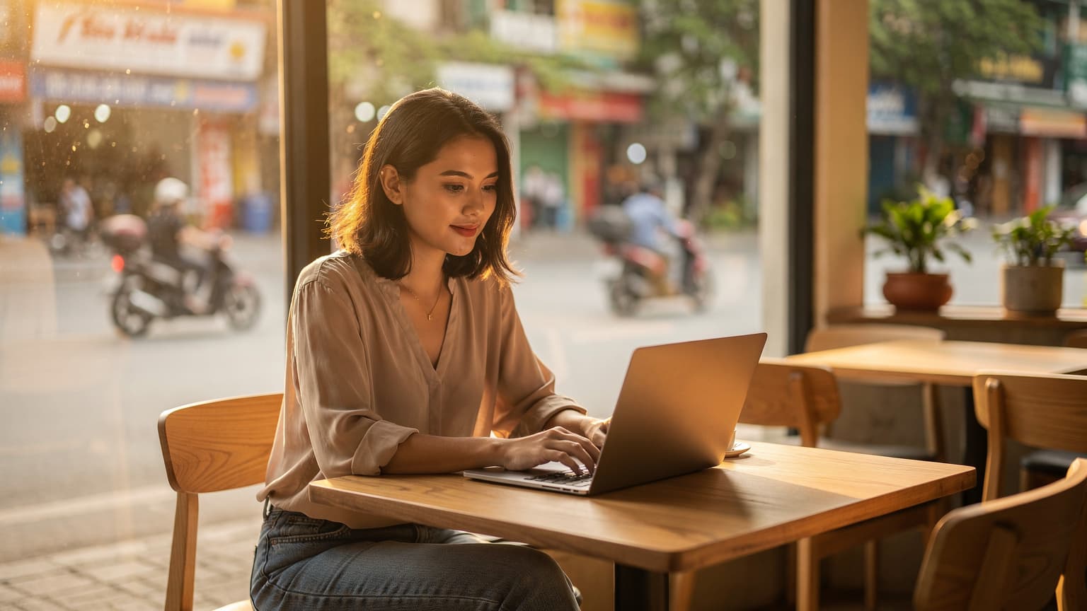 A digital nomad working on a laptop with an open window view of a bustling street in Da Lat, Vietnam, during golden hour.