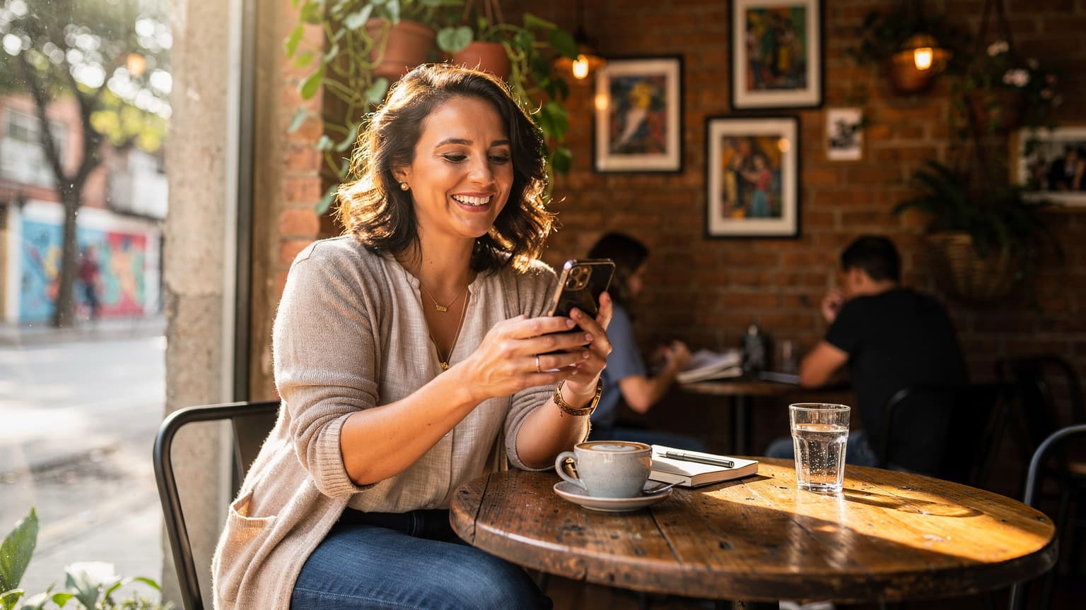 Mulher sorrindo, segurando um smartphone com a tela ligada, em um café charmoso no bairro da Vila Madalena, em São Paulo, com pessoas ao fundo desfrutando de café e lendo.