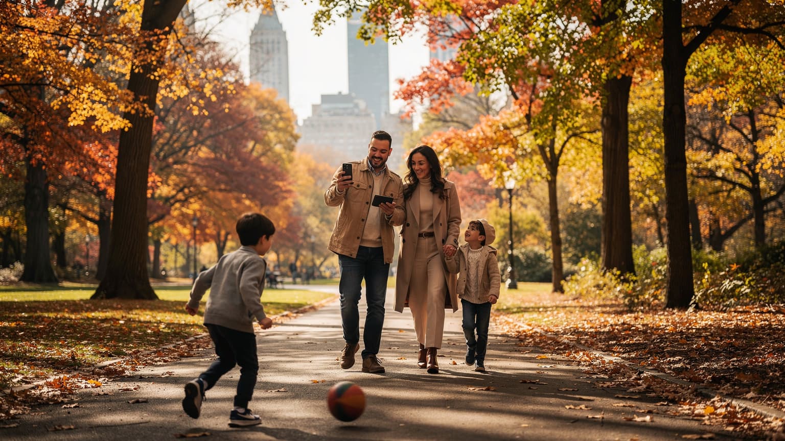 Una famiglia italiana, con due bambini di circa 8 e 10 anni, cammina sorridente in un viale alberato a Central Park, New York, mentre il padre consulta lo smartphone per una mappa. La madre tiene la mano a una bambina, e l'altro bambino è leggermente più avanti, giocando con una piccola palla.