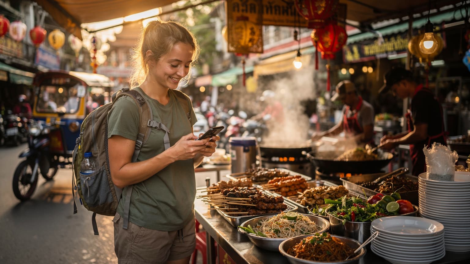 En ung kvinnelig backpacker smiler mens hun sjekker kartet på telefonen sin ved en travel gatematbod i Bangkok, med fargerike retter og dampende gryter i bakgrunnen.