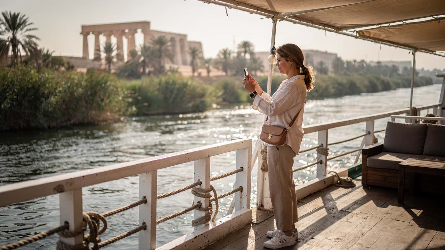 Eine Frau in ihren späten Zwanzigern blickt von einem Sonnendeck eines Nilkreuzfahrtschiffes auf den Fluss, ihr Smartphone in der Hand, während sie die vorbeiziehende Landschaft mit Palmen und antiken Tempelruinen fotografiert.