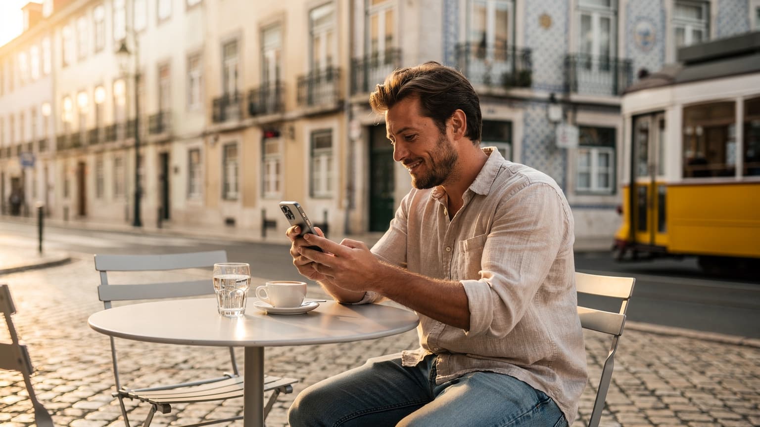 Uma pessoa sentada em um café na rua de Lisboa, com arquitetura pombalina ao fundo, usando um iPhone 18 enquanto desfruta de um pastel de nata e uma bica, com a luz dourada da manhã batendo na mesa.