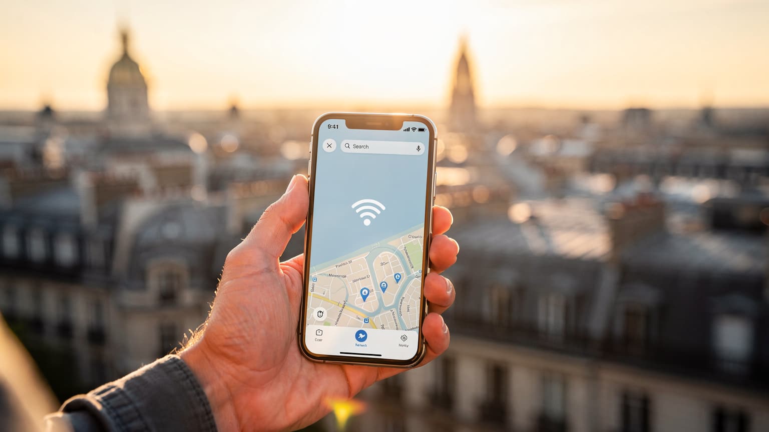 A close-up shot of a hand holding a smartphone, with a softly blurred background showing a scenic European cityscape bathed in golden hour light. The image conveys ease of travel and seamless connectivity.