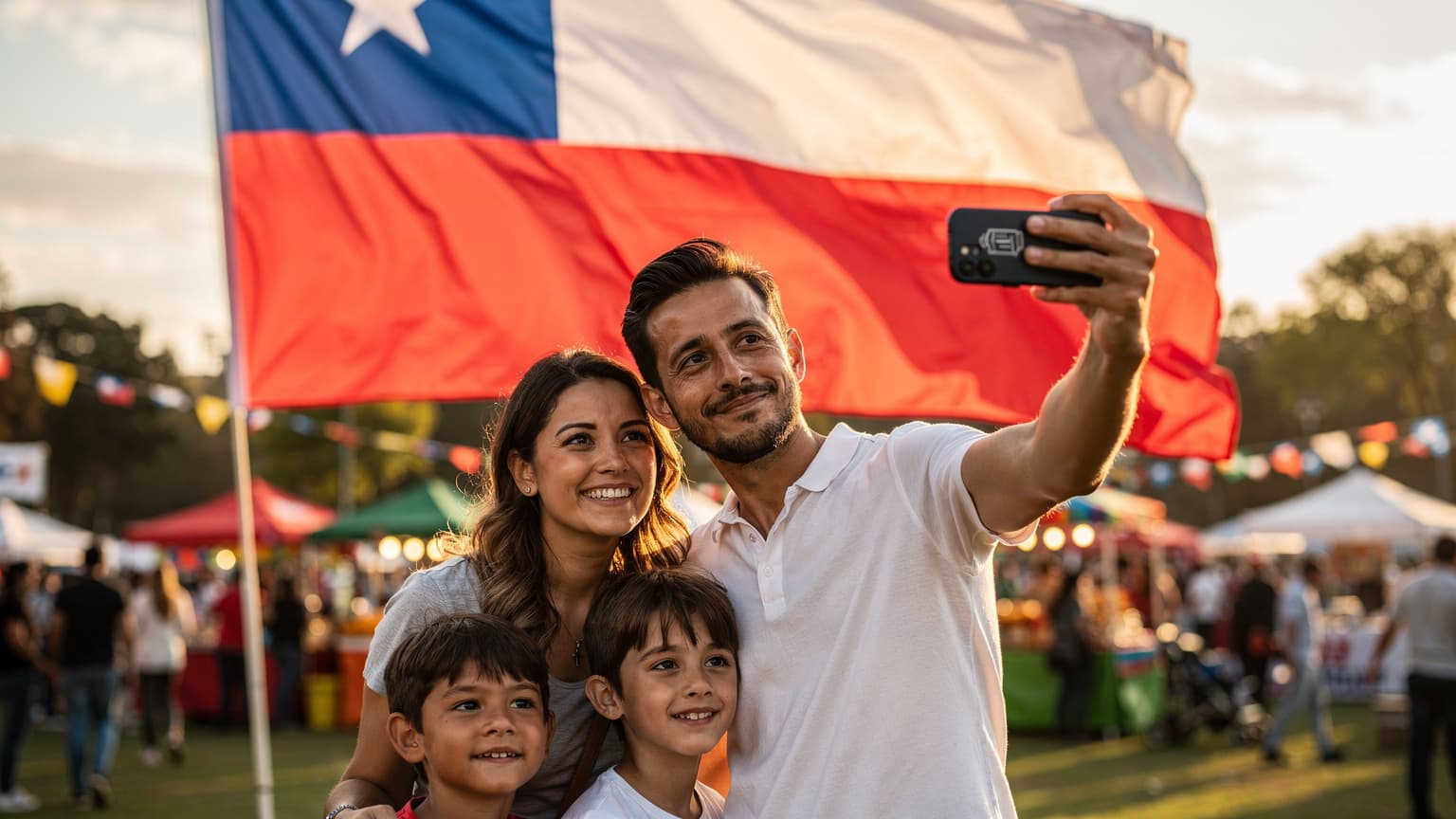 Una familia sonriente, con dos niños pequeños, se toma una selfie frente a una bandera chilena vibrante durante las celebraciones de Fiestas Patrias en Santiago, Chile, mientras un padre revisa su teléfono con una eSIM activa.