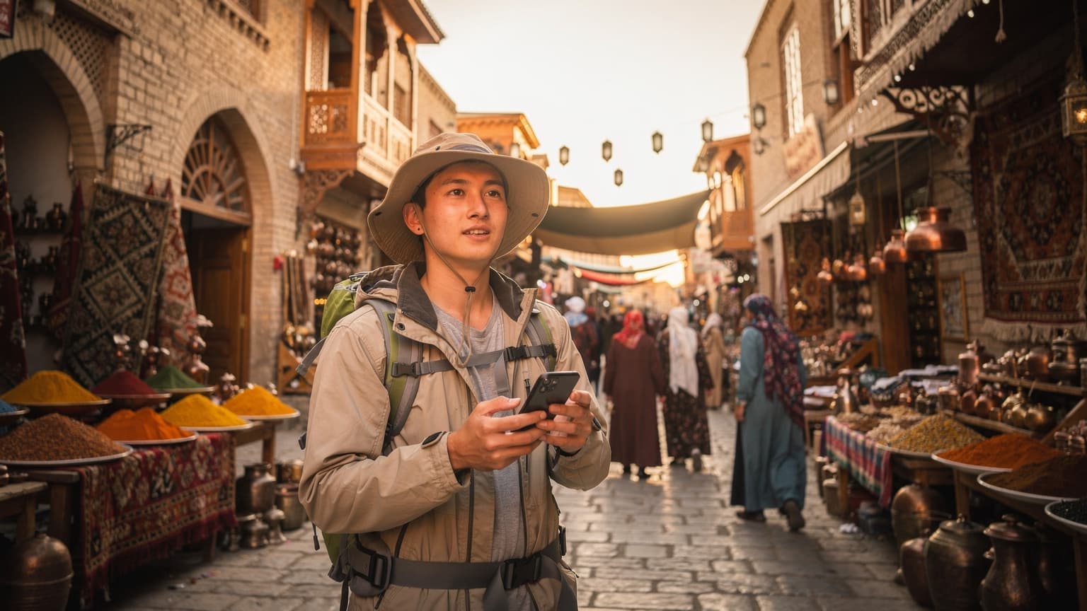 一名年轻的中国旅行者站在新疆喀什老城的巴扎前,手持智能手机,屏幕上显示着地图,背景是充满异域风情的土黄色建筑和熙熙攘攘的人群。