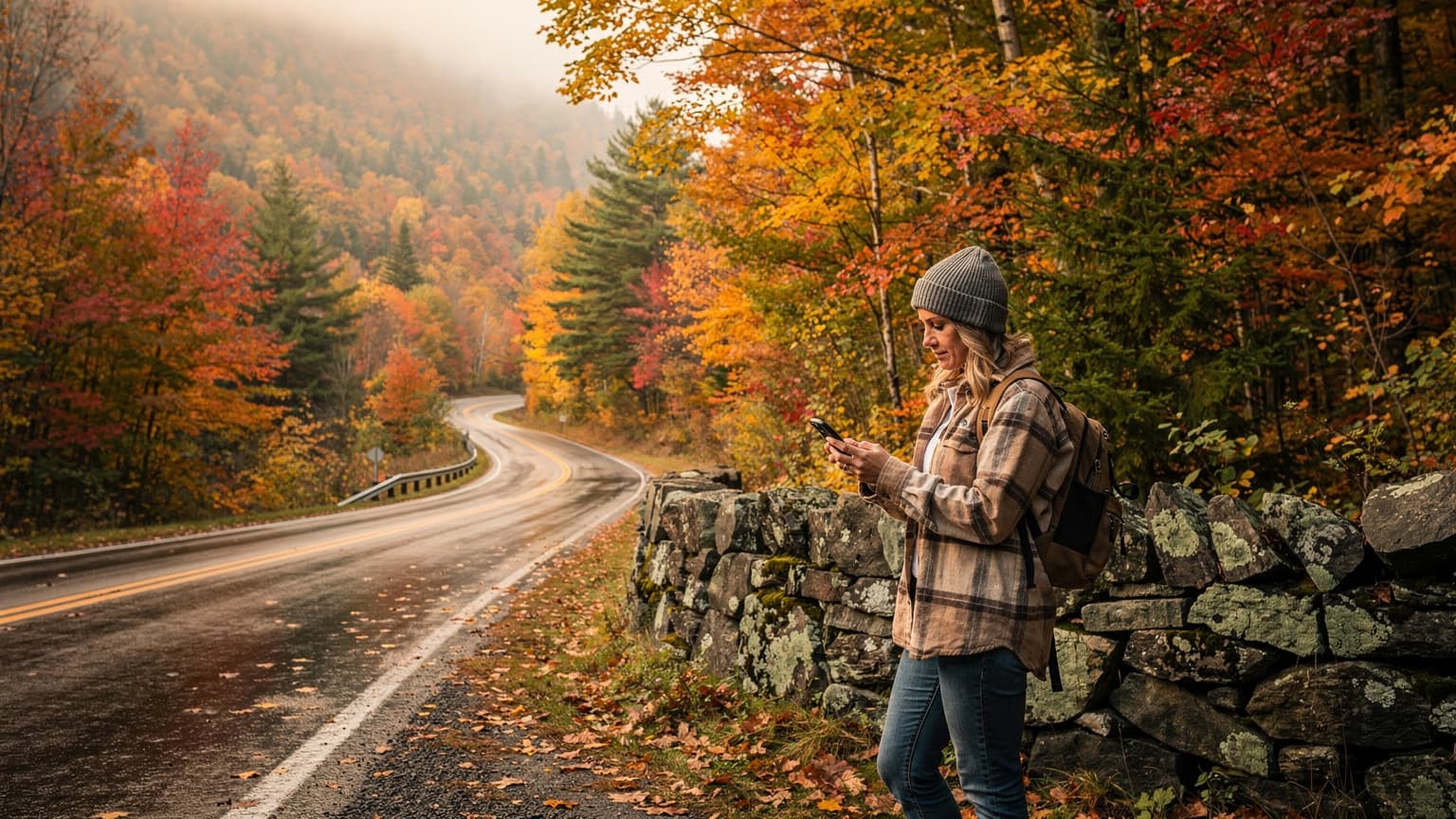 A woman holding a smartphone, looking at a digital map while standing on a picturesque road lined with vibrant red and orange autumn trees in Vermont.