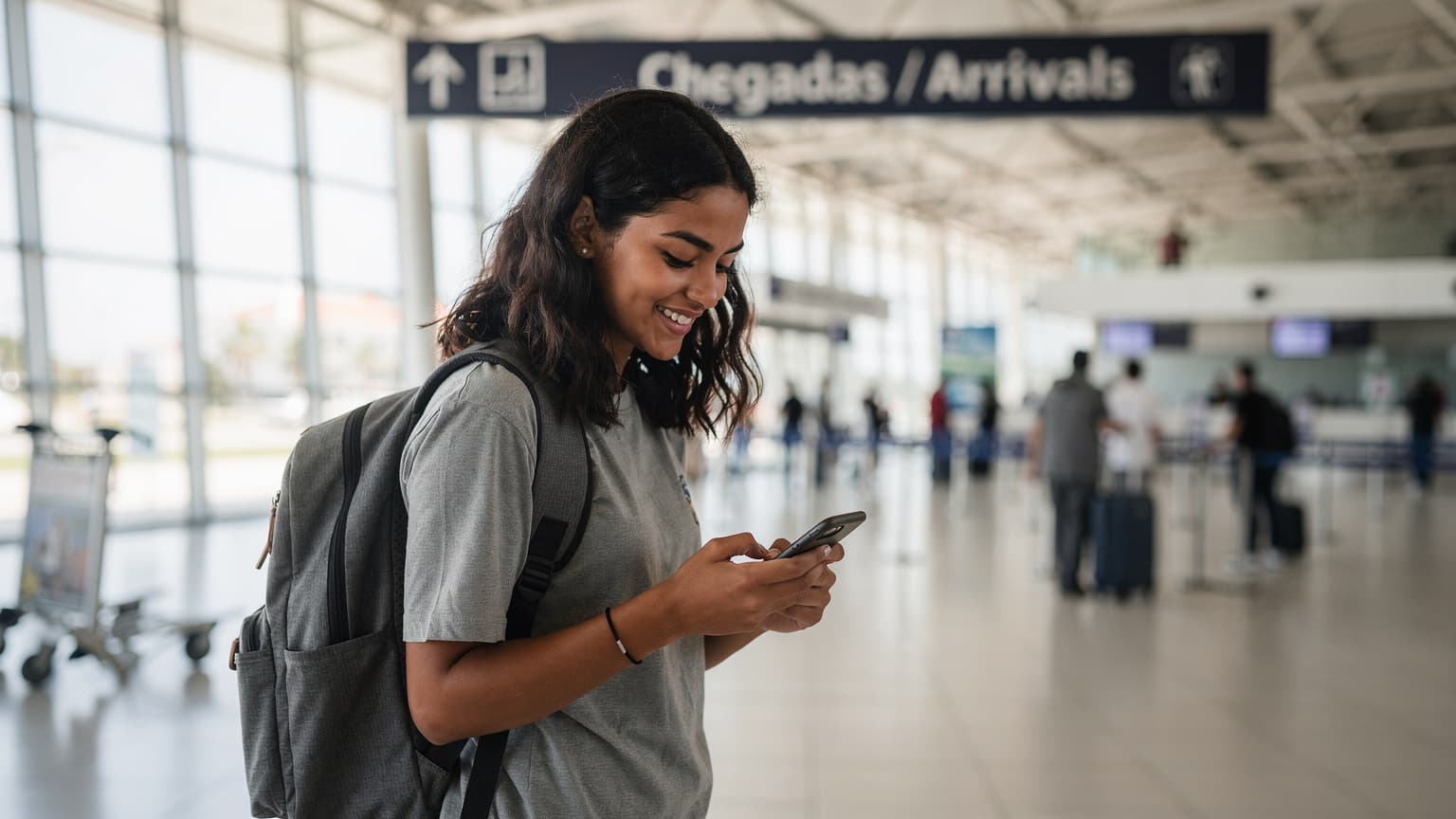 Uma estudante internacional sorridente com uma mochila, verificando o telemóvel à chegada ao Aeroporto Humberto Delgado em Lisboa, com um letreiro de 'Chegadas' desfocado ao fundo.
