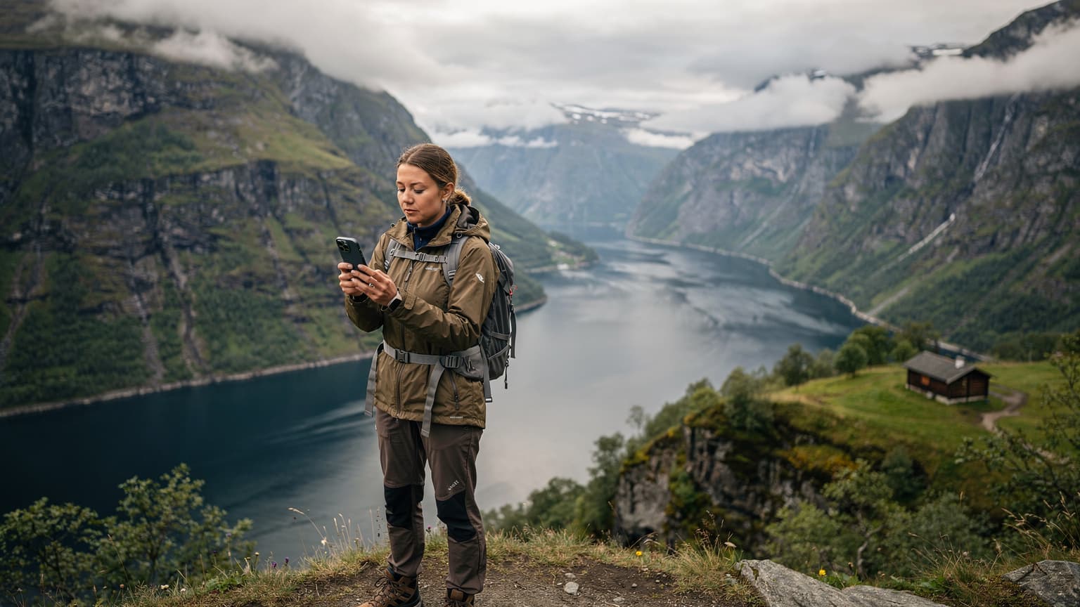 En kvinde tjekker et kort på sin smartphone i hånden, mens hun står ved en betagende norsk fjord, omgivet af majestætiske fjelde under en overskyet morgen himmel.