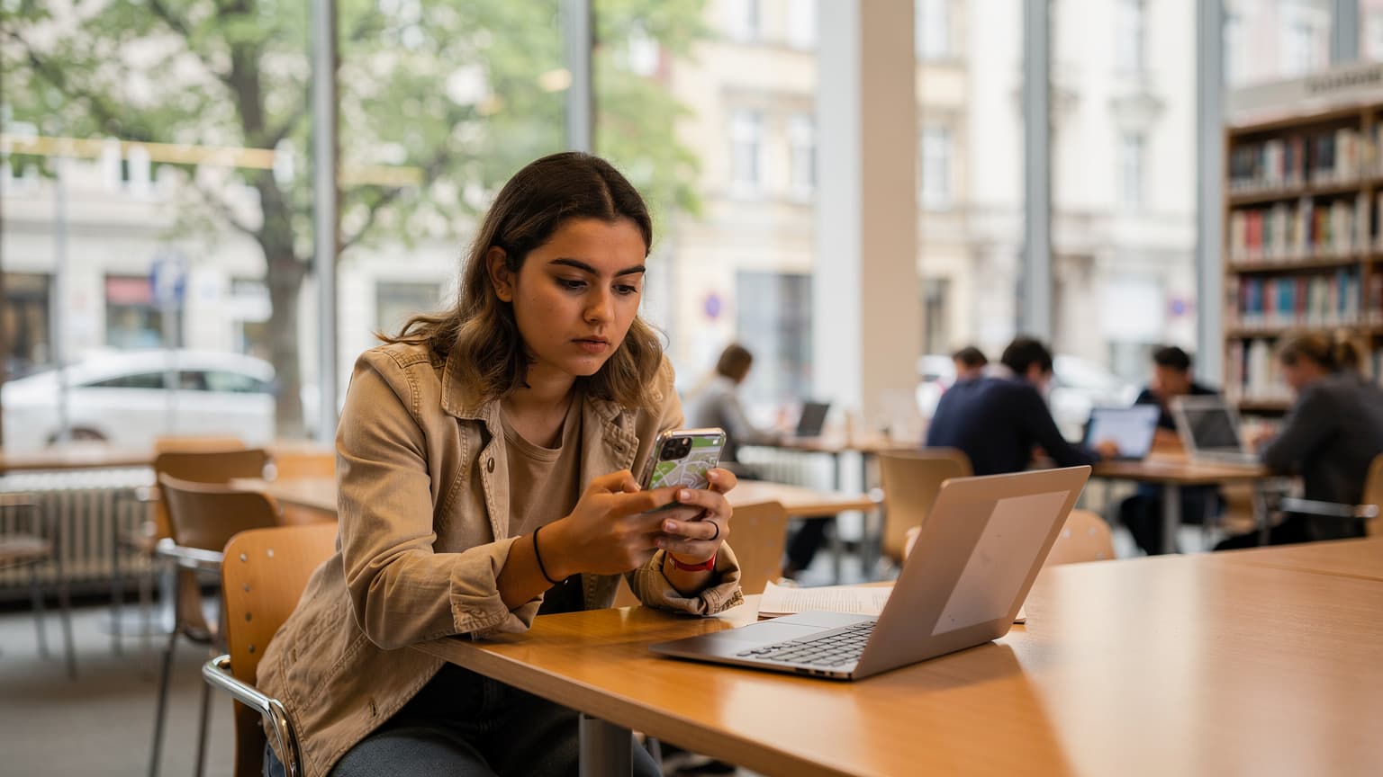 A university student sits in a bustling library in Berlin, looking at her smartphone with an open laptop, surrounded by books and other students.