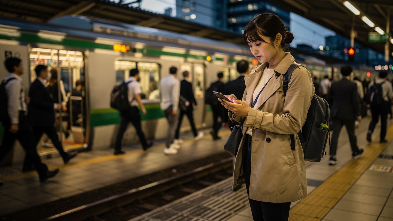 東京の新宿駅のホームで、スマホを見ながらeSIMの設定をしている若い日本人女性。夕方のラッシュアワーで、背景には電車と活気ある人々の流れがある。