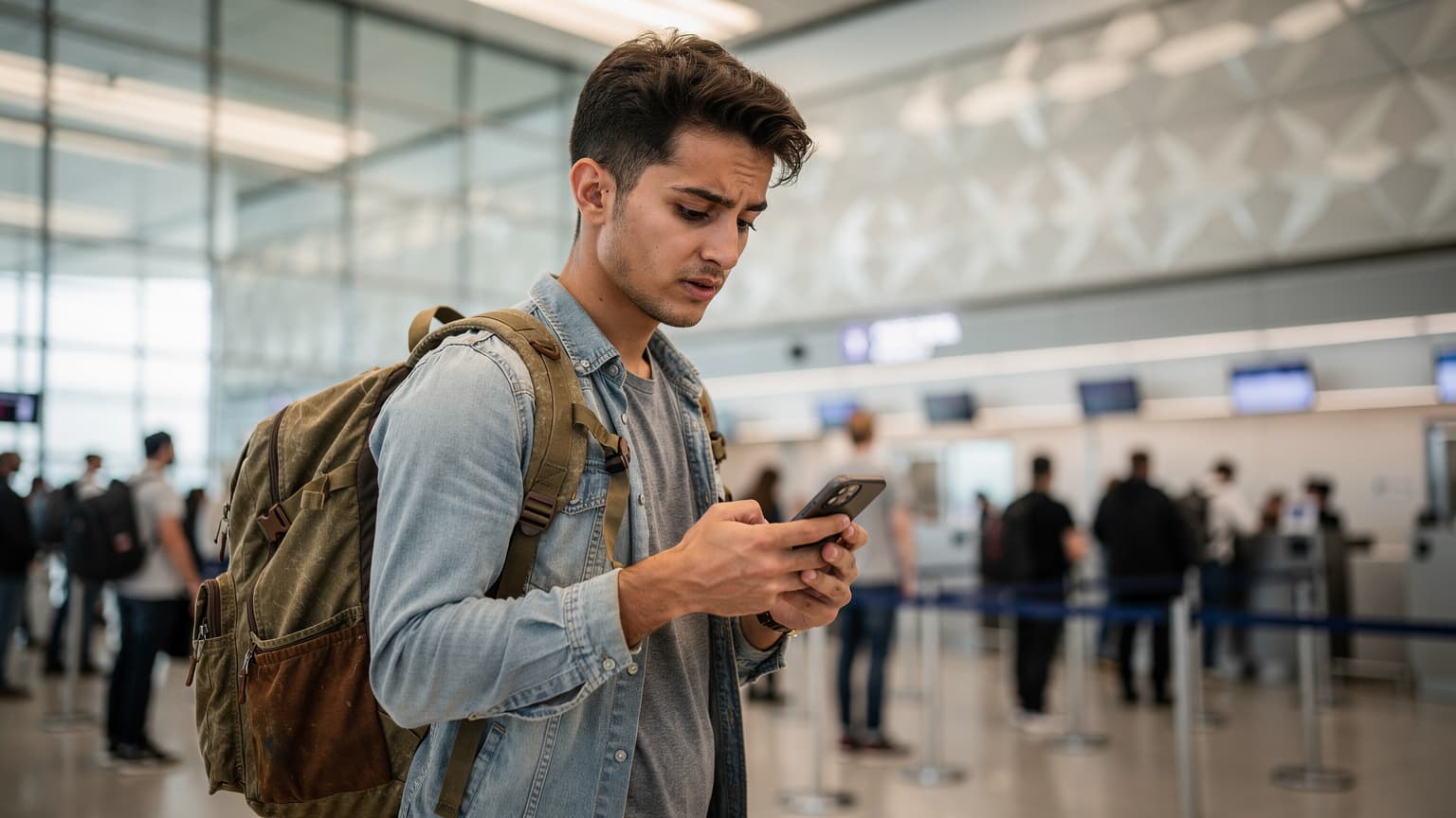 İstanbul Havalimanı'nda, pasaport kontrol sırasını bekleyen bir genç Türk gezgin, telefonundan Schengen vize başvurusunun durumunu kontrol ediyor.