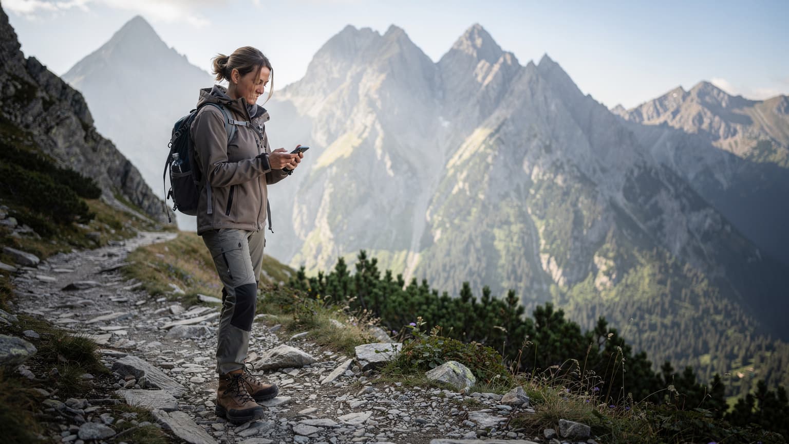Kobieta w kurtce trekkingowej, z plecakiem i smartfonem w dłoni, sprawdza mapę na szlaku w Tatrach Wysokich, w tle skaliste szczyty i błękitne niebo.