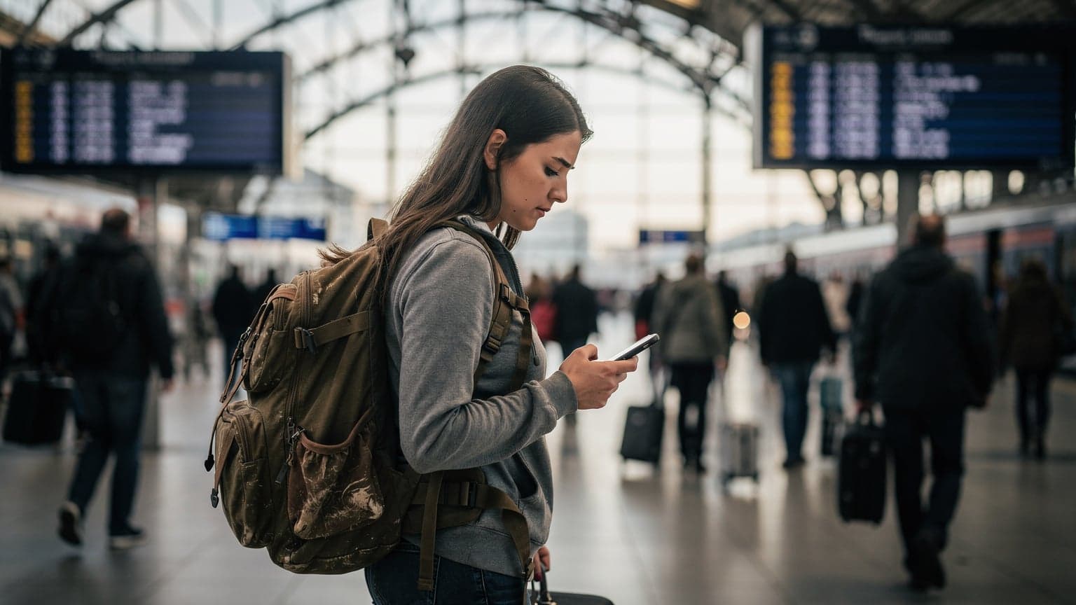 A young woman with a travel backpack, checking her phone for signal at a bustling train station in Berlin, looking slightly frustrated.