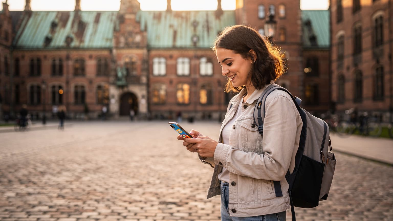Šťastná študentka s batohom pozerá na mobilný telefón s eSIM, pričom v pozadí je historická budova univerzity v Kodani, slnečné popoludnie.
