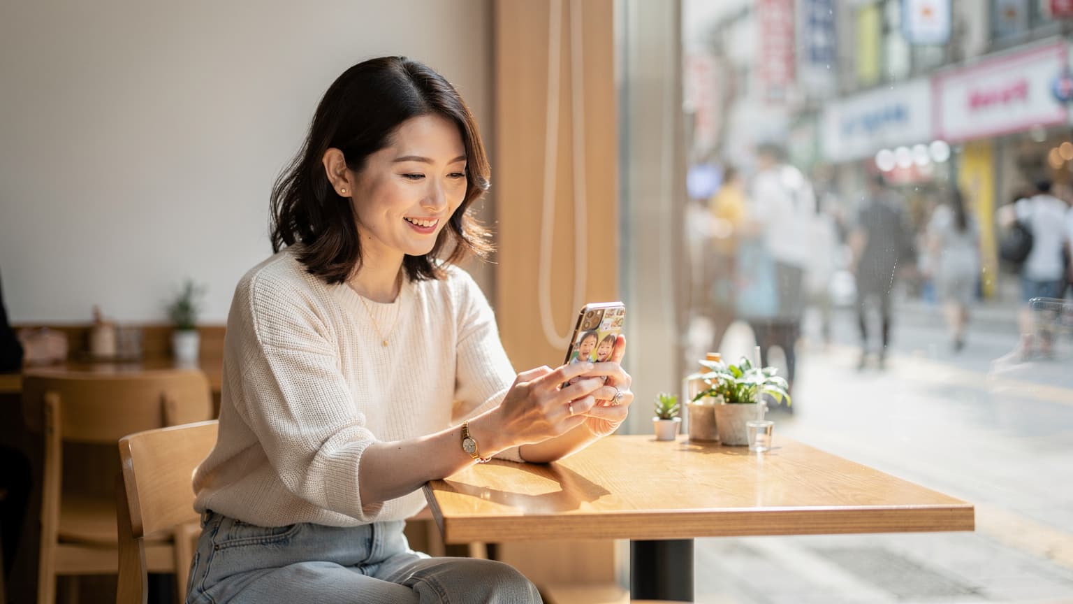 お盆の海外旅行中、海外のカフェでスマートフォンを見ながら子供たちとビデオ通話をしている日本人女性の家族旅行の様子。