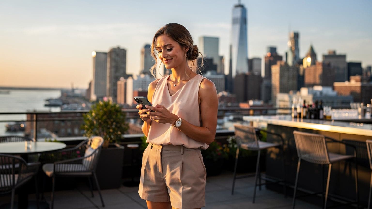 Een vrouw met een zonnebril bekijkt de skyline van New York City vanaf een rooftopbar tijdens golden hour, met een smartphone in haar hand die een eSIM-profiel toont.