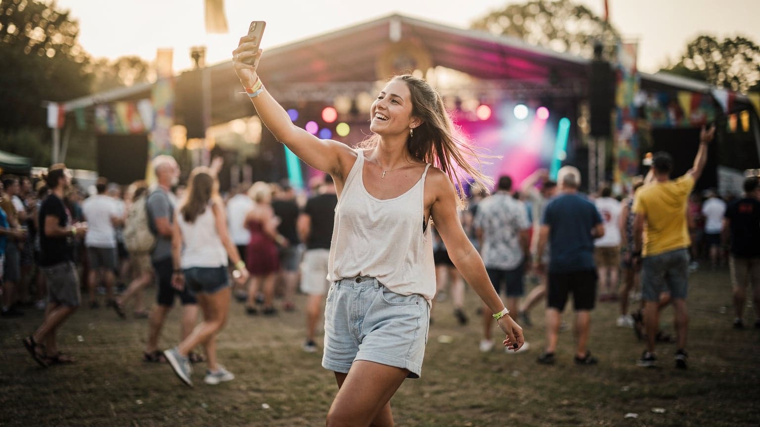 Eine junge Frau lacht und schwenkt ihr Smartphone in die Luft, während sie auf einem belebten deutschen Musikfestival tanzt, mit unscharfen Lichtern und Menschen im Hintergrund.