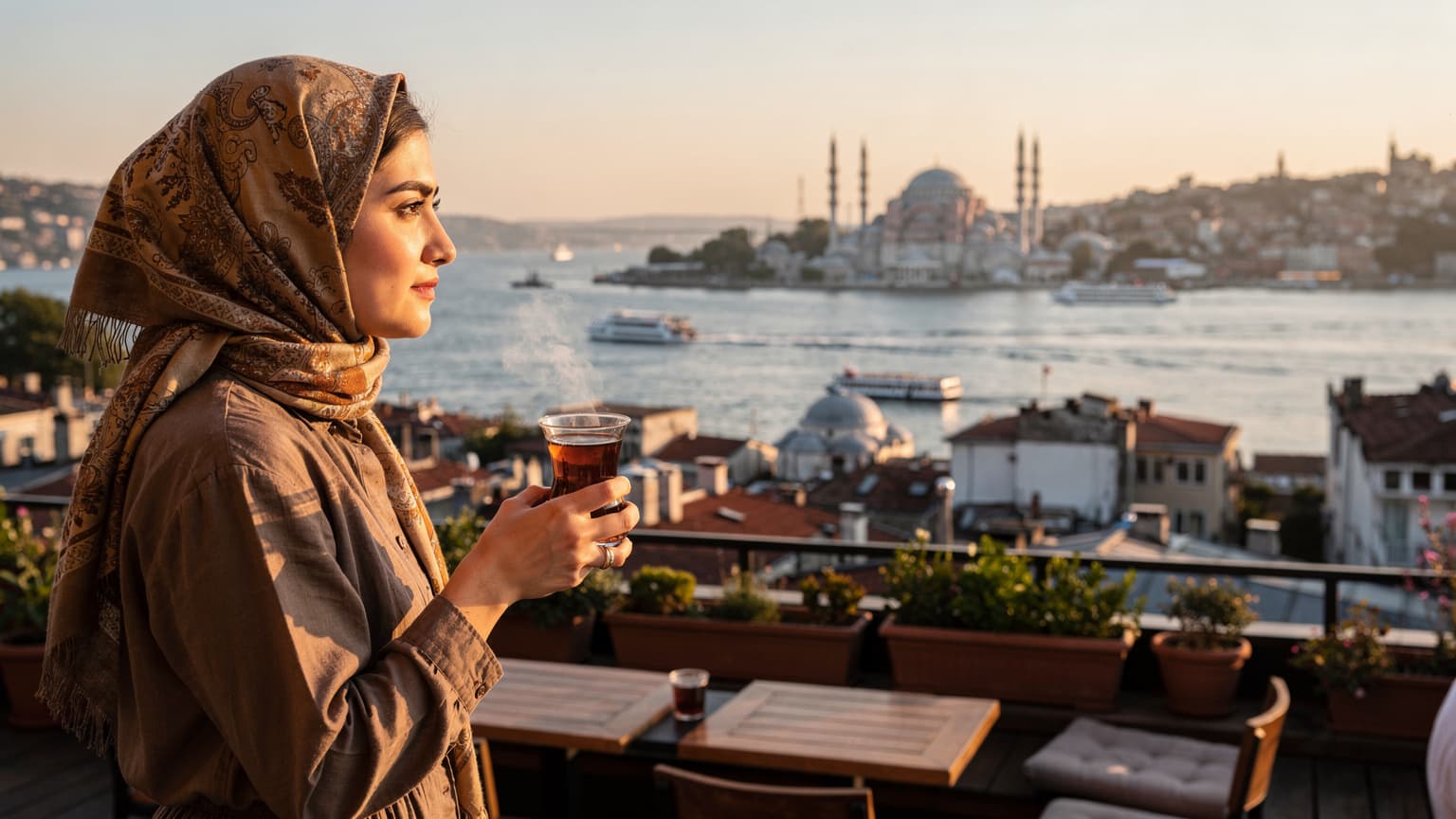 Eine junge Frau mit Kopftuch blickt von einer Dachterrasse im Viertel Karaköy in Istanbul über den Bosporus, während die Sonne untergeht.