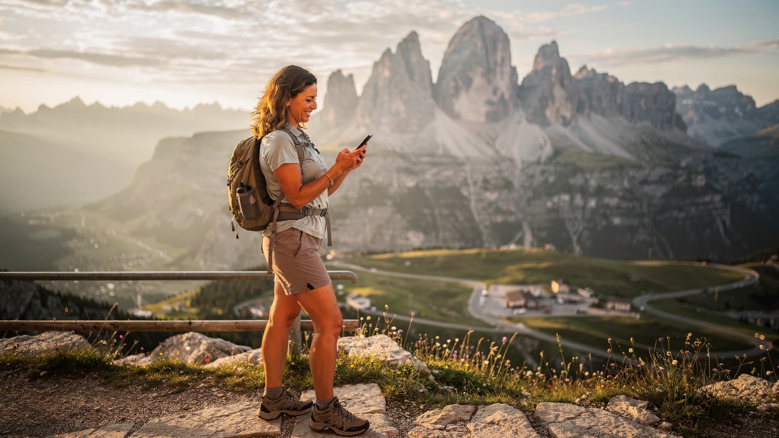 Una donna sorride mentre tiene il suo smartphone con un paesaggio montano mozzafiato sullo sfondo, illuminato dalla luce dorata del tardo pomeriggio estivo.